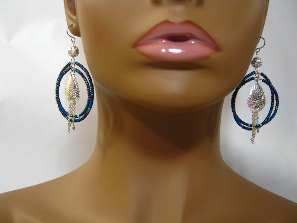 Glass Turquoise large double Hoop Earrings w/ Shiny Vintage Silver Charm accent